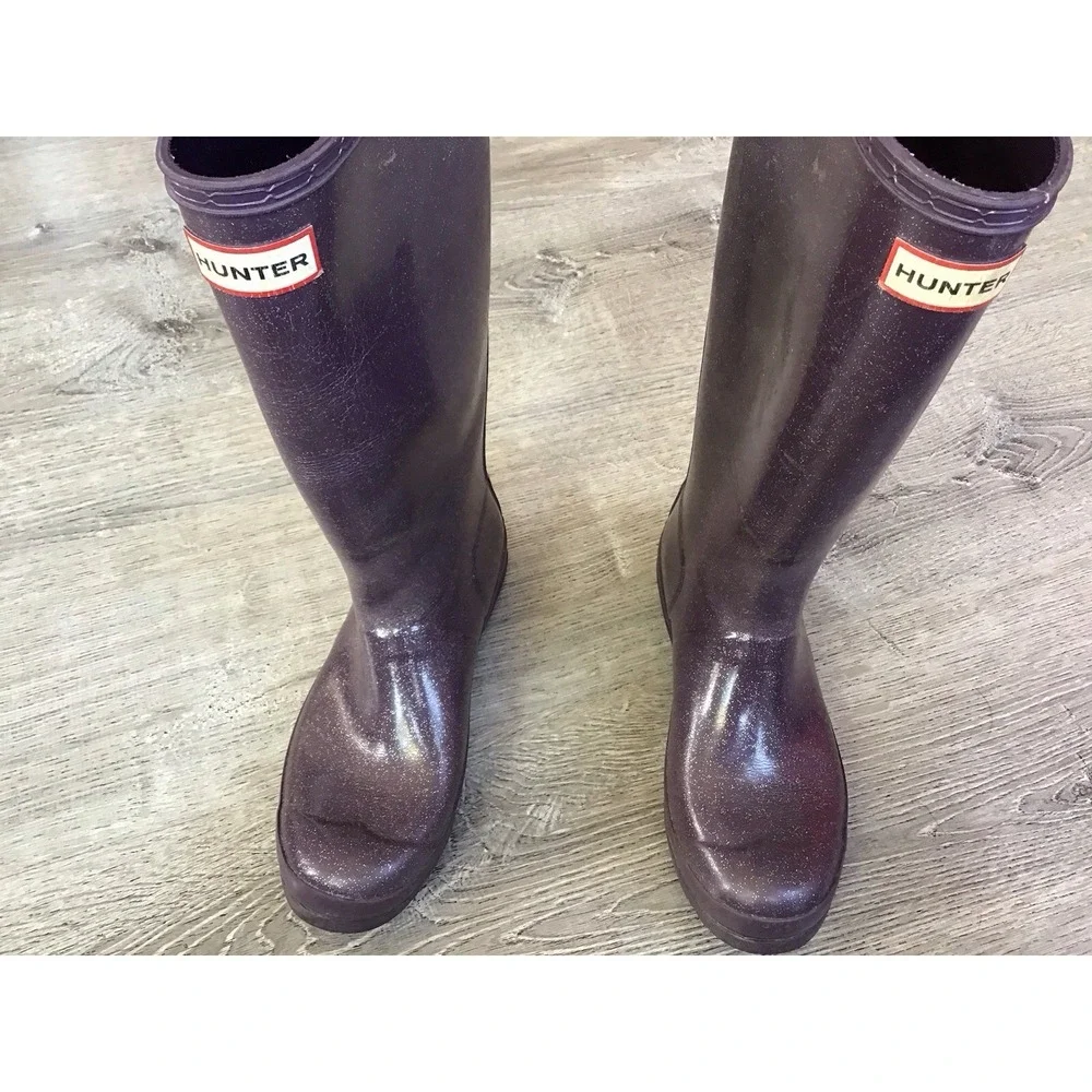Hunter Rain Boots Girls size 6 Purple Glitter Wellington Waterproof Boots UK 4